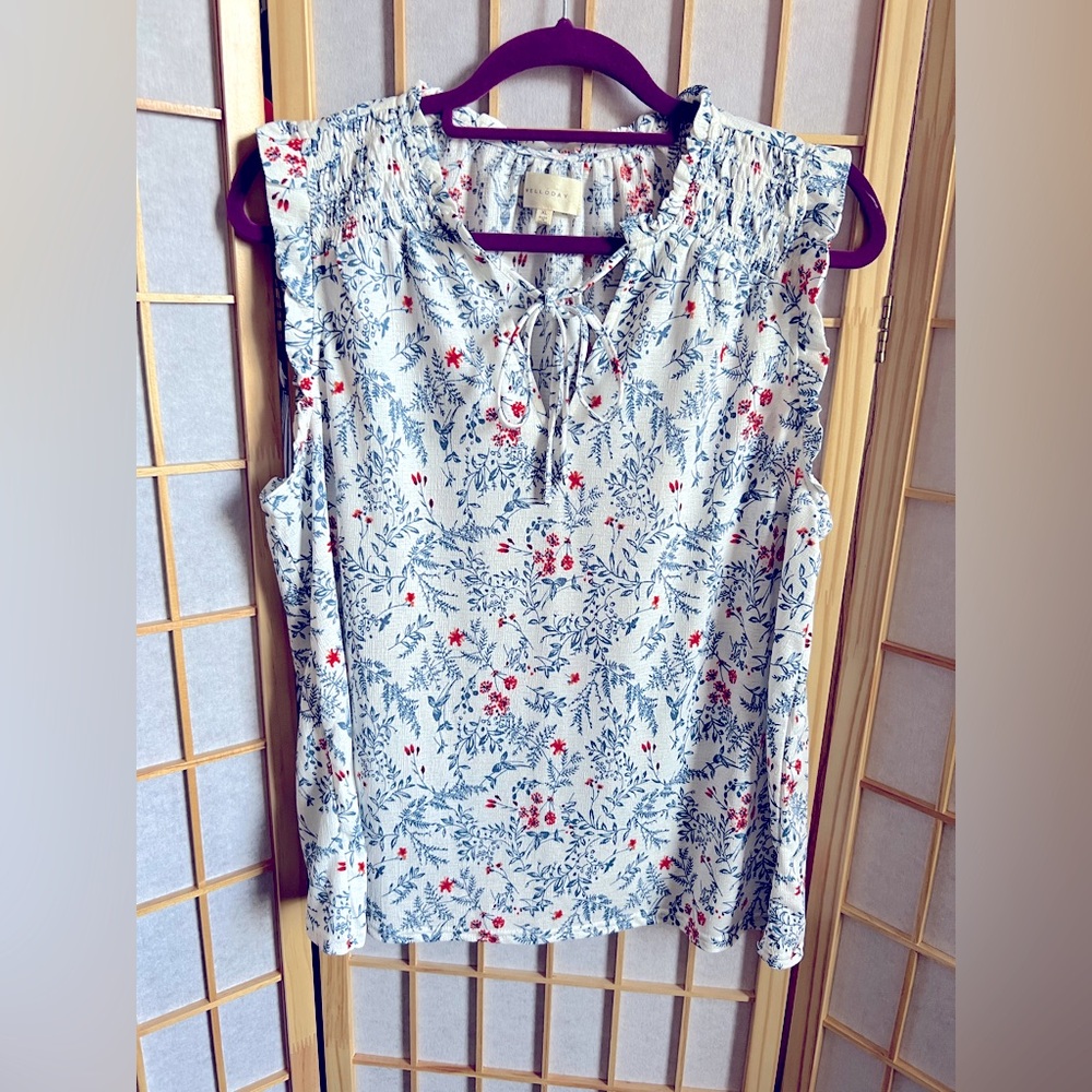 MELLODAY Smocked Ruffled Blue and Red Blouse